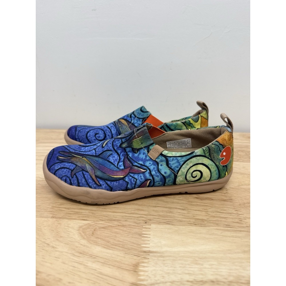 UIN Womens Size 8 Toledo Porpoise Dolphin Canvas Slip On Shoes Blue Comfort #8